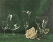 TUSON ? (Twentieth Century) OIL PAINTING ON ARTISTS BOARD Still life - Four stemmed drinking glasses