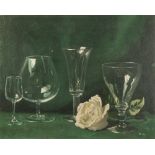 TUSON ? (Twentieth Century) OIL PAINTING ON ARTISTS BOARD Still life - Four stemmed drinking glasses