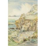 BLACK CHALK AND WATERCOLOUR DRAWING, ROCKY COASTAL SCENE, CORNWALL?, unsigned 21 1/2" x 14 1/2" (