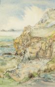 BLACK CHALK AND WATERCOLOUR DRAWING, ROCKY COASTAL SCENE, CORNWALL?, unsigned 21 1/2" x 14 1/2" (