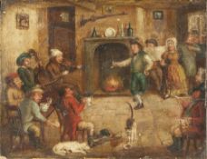 BRITISH SCHOOL (19th CENTURY) OIL PAINTING ON PANEL An interior with a company of figures merry-