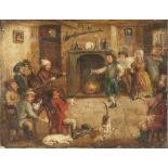 BRITISH SCHOOL (19th CENTURY) OIL PAINTING ON PANEL An interior with a company of figures merry-