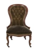 VICTORIAN MAHOGANY LADY'S EASY CHAIR, the waisted and deep buttoned back with moulded show wood