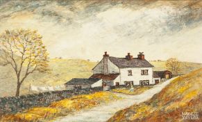 MAGGIE TAYLOR OIL PAINTING ON BOARD 'Hill Top Farm, NR Haworth, Yorkshire', signed lower right and