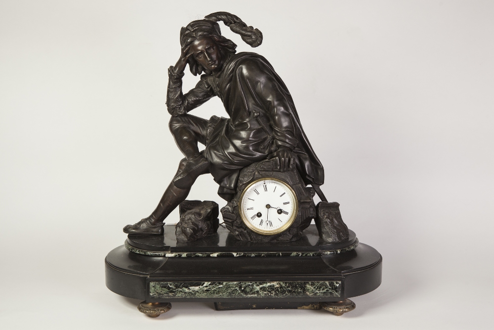 A FRENCH NAPOLEON III 'BRONZED' SPELTER, BLACK SLATE AND MARBLE MANTEL CLOCK the Japy Freres