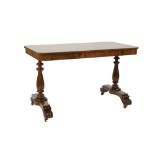 WILLIAM IV ROSEWOOD LIBRARY OR WRITING TABLE, oblong with quadrant corners, plain apron, on two