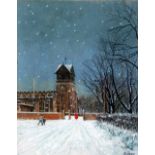 PATRICK BURKE OIL PAINTING Snow scene with figures walking to a church Signed lower right 15" x