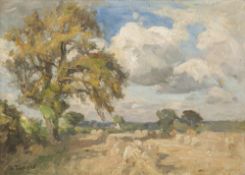 WILLIAM GREAVES (Exl.1885-1920) OIL PAINTING ON BOARD 'HARVEST SCENE, EAST KESWICK' signed lower