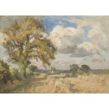 WILLIAM GREAVES (Exl.1885-1920) OIL PAINTING ON BOARD 'HARVEST SCENE, EAST KESWICK' signed lower