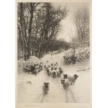 HERBERT SEDCOLE AFTER JOSEPH FARQUAHARSON MEZZOTINT ENGRAVING Flock of sheep in snow Signed by