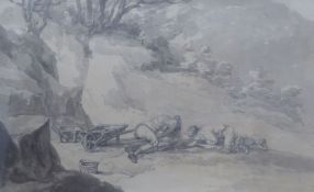 ATTRIBUTED TO THOMAS HEARNE (1744-1817) TWO MONOCHROME WATERCOLOUR DRAWINGS Quarry men with wheel