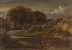 ASCRIBED TO JOHN LINNELL SENIOR (1792 - 1882) OIL PAINTING ON BOARD A heathland landscape with