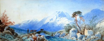 ATTRIBUTED TO THOMAS LEESON ROWBOTHAM (1783-1853) WATERCOLOUR DRAWING Alpine landscape with drover &