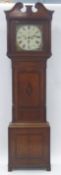 EARLY NINETEENTH CENTURY OAK AND MAHOGANY LONGCASE CLOCK, the 14" painted Roman dial with two