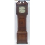 EARLY NINETEENTH CENTURY OAK AND MAHOGANY LONGCASE CLOCK, the 14" painted Roman dial with two