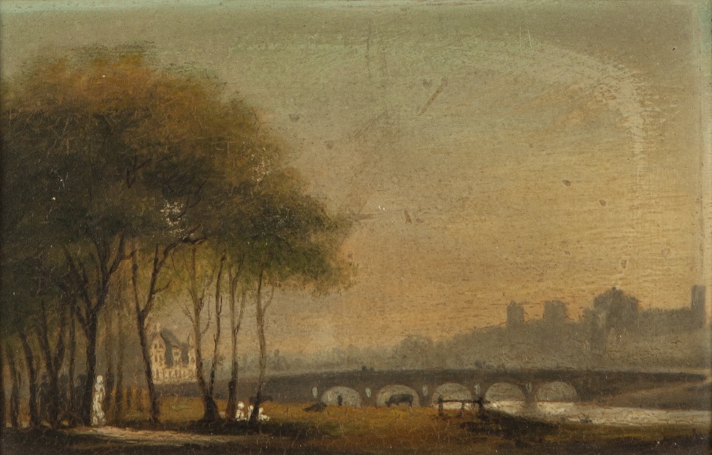 BRITISH SCHOOL (19th CENTURY) OIL PAINTING ON CARD A view possibly of Windsor Castle, with an arched