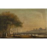 BRITISH SCHOOL (19th CENTURY) OIL PAINTING ON CARD A view possibly of Windsor Castle, with an arched