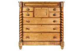 VICTORIAN MAHOGANY LARGE CHEST OF DRAWERS, the shaped oblong top above a 'secret' frieze drawer with