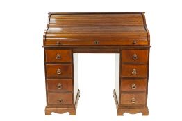 REPRODUCTION MAHOGANY TWIN PEDESTAL ROLL TOP DESK, with oak tambour, of typical form, the interior