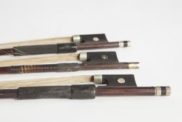 VIOLIN BOW with octagonal stick stamped Vuillaume A Paris, 29" long overall and TWO OTHER VIOLIN