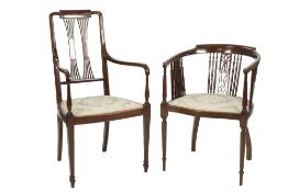 EDWARDIAN MAHOGANY AND LINE INLAID TUB CHAIR, the show-wood frame with pierced splats and spindles