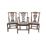 HARLEQUIN SET OF SEVEN CHIPPENDALE STYLE MAHOGANY DINING CHAIR, each with pierced splat, flat