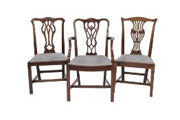 HARLEQUIN SET OF SEVEN CHIPPENDALE STYLE MAHOGANY DINING CHAIR, each with pierced splat, flat