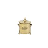 REGENCY STYLE TWO HANDLED BRASS COAL RECEIVER AND COVER, of cylindrical form with scroll handles and