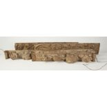 PAIR OF ANTIQUE FLEMISH CARVED OAK PANELS OR CAPPING PIECES, each as a mask capped corbel above