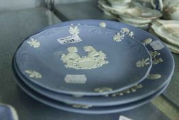 TWO WEDGWOOD PALE BLUE AND WHITE JASPERWARE PLAQUES AND ANOTHER 'ROYAL WEDDING 1986' (3)