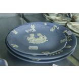 TWO WEDGWOOD PALE BLUE AND WHITE JASPERWARE PLAQUES AND ANOTHER 'ROYAL WEDDING 1986' (3)