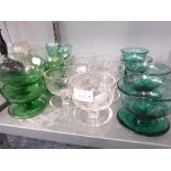 SET OF SIX GREEN GLASS SUNDAE DISHES, SET OF SIX GLASS SUNDAE DISHES WITH FLORAL ENGRAVED DECORATION