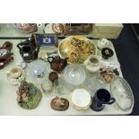 GLASS AND CHINA VARIOUS TO INCLUDE; TEAPOTS, PLATES, ORNAMENTS, LARGE WALL PLAQUE ETC....