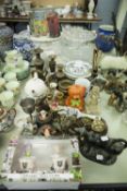 NINETEENTH CENTURY JACKFIELD BLACK GLAZED POTTERY COW CREAMER, NINE WALL PLATES, SUNDRY CERAMICS AND