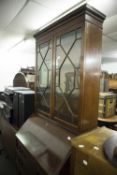 GEORGIAN STYLE MAHOGANY BUREAU BOOKCASE WITH HONEYCOMB ASTRAGAL GLAZED DOORS TO TOP, FOUR DRAWERS TO