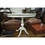 A WHITE AND GILT DECORATED OVAL OCCASIONAL TABLE, ON PEDESTAL BASE AND A SMALL SIDE TABLE WITH