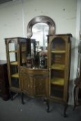 EDWARDIAN INLAID MAHOGANY 'SIDE BY SIDE' DISPLAY CABINET, WITH SHAPED OBLONG BEVEL EDGED MIRROR