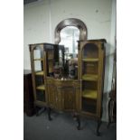EDWARDIAN INLAID MAHOGANY 'SIDE BY SIDE' DISPLAY CABINET, WITH SHAPED OBLONG BEVEL EDGED MIRROR