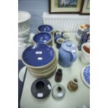 BLUE SPECKLE BREAKFAST BOWLS AND PLATES AND VARIOUS STUDIO POTTERY VARIOUS, COFFEE CUPS ETC....