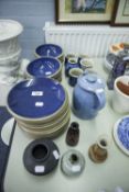 BLUE SPECKLE BREAKFAST BOWLS AND PLATES AND VARIOUS STUDIO POTTERY VARIOUS, COFFEE CUPS ETC....