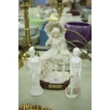 TWENTIETH CENTURY BISQUE LADY FIGURINE 'THE BALCONY', ON WOODEN STAND AND TWO WHITE GLAZED FIGURES
