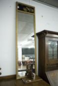 A 20TH CENTURY GILT FRAMED VERTICAL BEVELLED WALL MIRROR with oriental lacquer inset panel 54 1/4" x