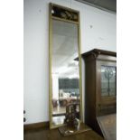 A 20TH CENTURY GILT FRAMED VERTICAL BEVELLED WALL MIRROR with oriental lacquer inset panel 54 1/4" x