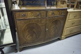 GEORGIAN STYLE INLAID MAHOGANY BOW FRONT SIDE CABINET WITH PAIR OF FRIEZE DRAWERS OVER PANEL DOORS