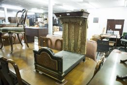 A DOLL'S VICTORIAN EBONISED HALF-TESTER BED, 24" LONG (DISTRESSED)