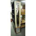 A TALL NARROW OBLONG WALL MIRROR, IN LIGHTWOOD FRAME, A SMALL RECTANGULAR WALL MIRROR IN PINE FRAME