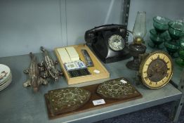 MIXED LOT - BLACK BAKELITE TELEPHONE, BRASS MOUNTED WALNUTWOOD BOOK RACK, TWO CROCODILE PATTERN