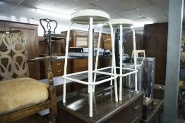 A PAIR OF WHITE METAL FRAMED KITCHEN STOOLS, TWO STAINLESS STEEL PEDAL BINS AND A PINE FRAMED OBLONG