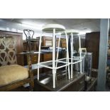 A PAIR OF WHITE METAL FRAMED KITCHEN STOOLS, TWO STAINLESS STEEL PEDAL BINS AND A PINE FRAMED OBLONG