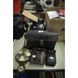 TWO PAIRS OF BINOCULARS, A BELL AND HOWELL AUTOLOAD CINE CAMERA, A BAROMETER ETC,...